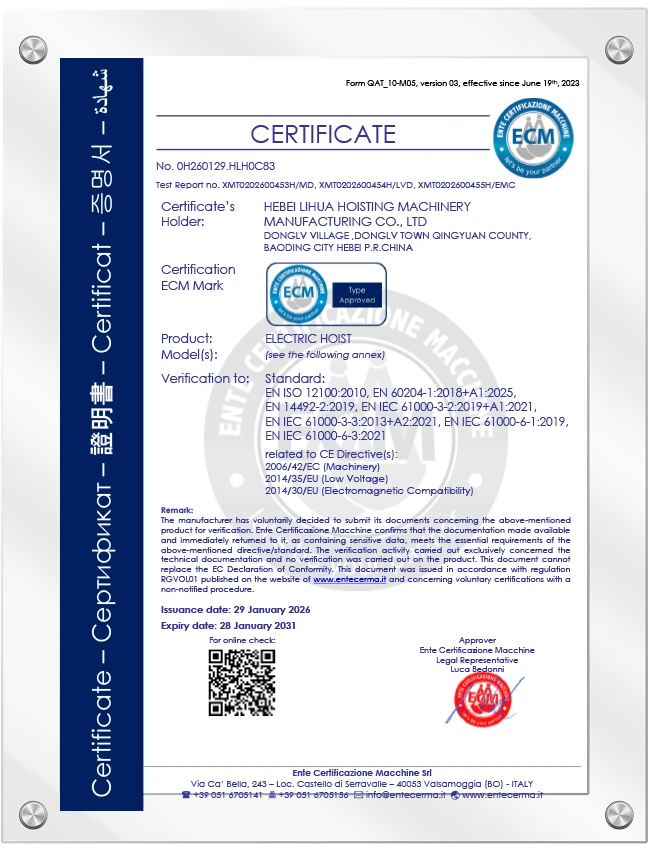 CE certificate for electric hoists